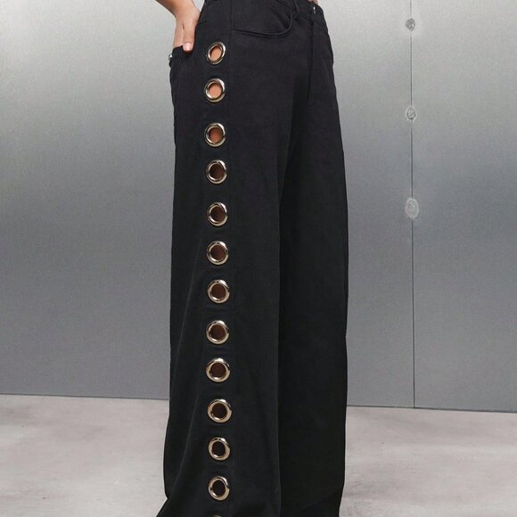 Black Casual Women's Minimalist Wide Leg Palazzo Pants - Picture 3 of 8